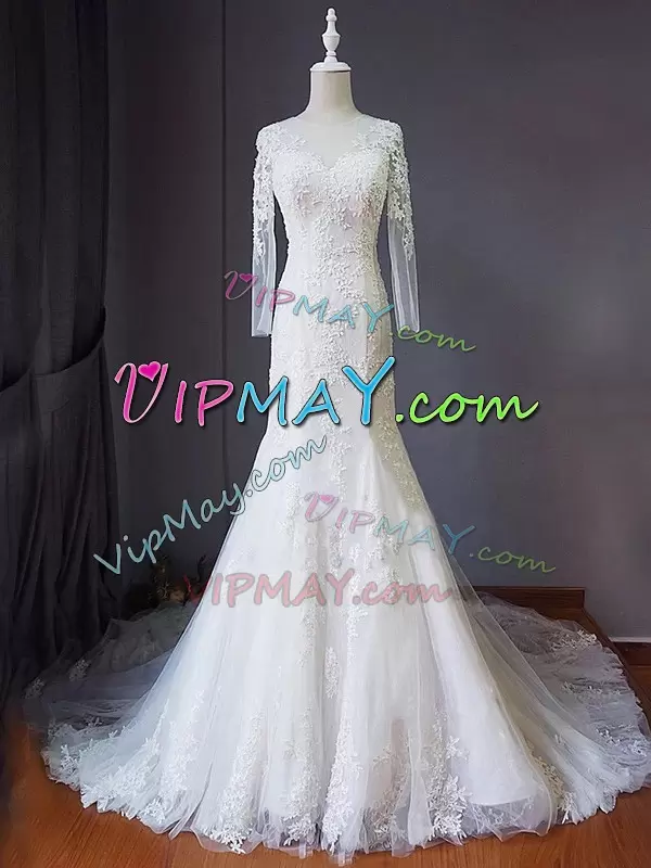 Delicate White Tulle Lace Up Bridal Gown Long Sleeves Sweep Train Appliques