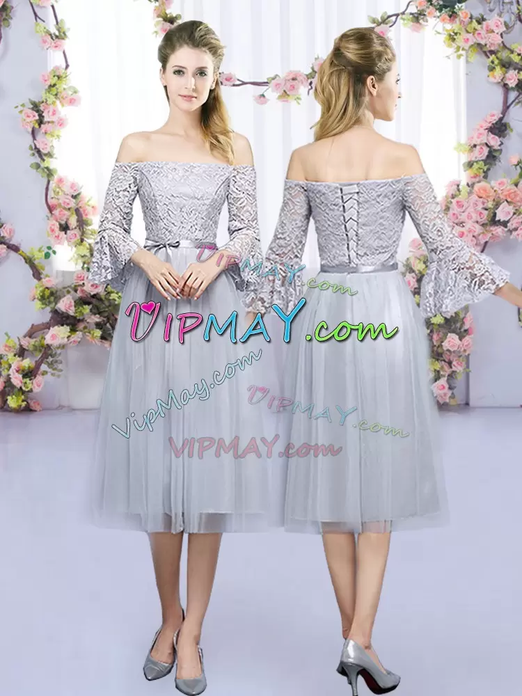 Deluxe 3 4 Length Sleeve Tulle Tea Length Lace Up Court Dresses for Sweet 16 in Grey with Lace and Belt