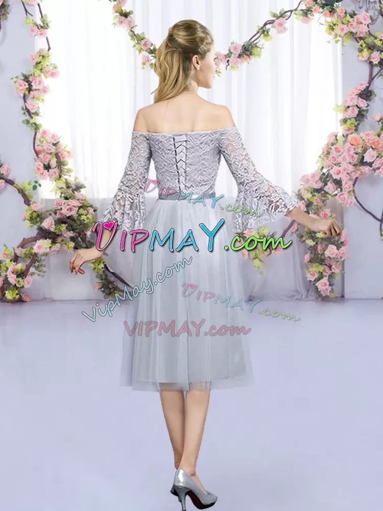 Deluxe 3 4 Length Sleeve Tulle Tea Length Lace Up Court Dresses for Sweet 16 in Grey with Lace and Belt