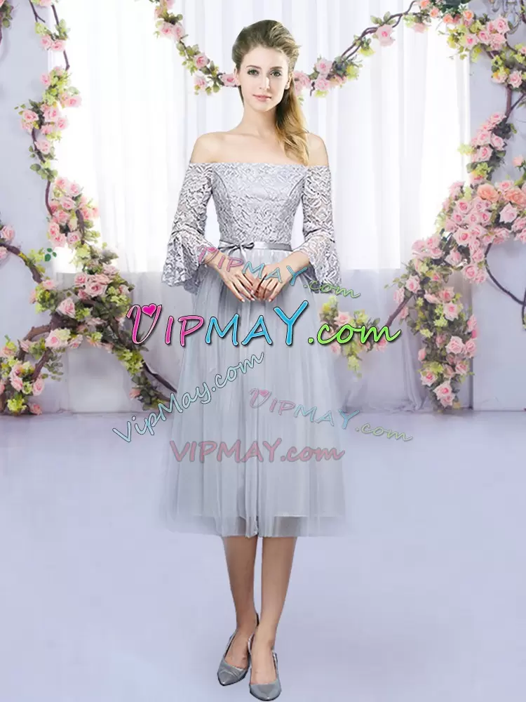 Deluxe 3 4 Length Sleeve Tulle Tea Length Lace Up Court Dresses for Sweet 16 in Grey with Lace and Belt