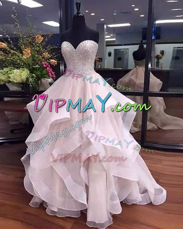 Custom Designed Organza Sleeveless Floor Length Wedding Dresses and Beading and Ruffles