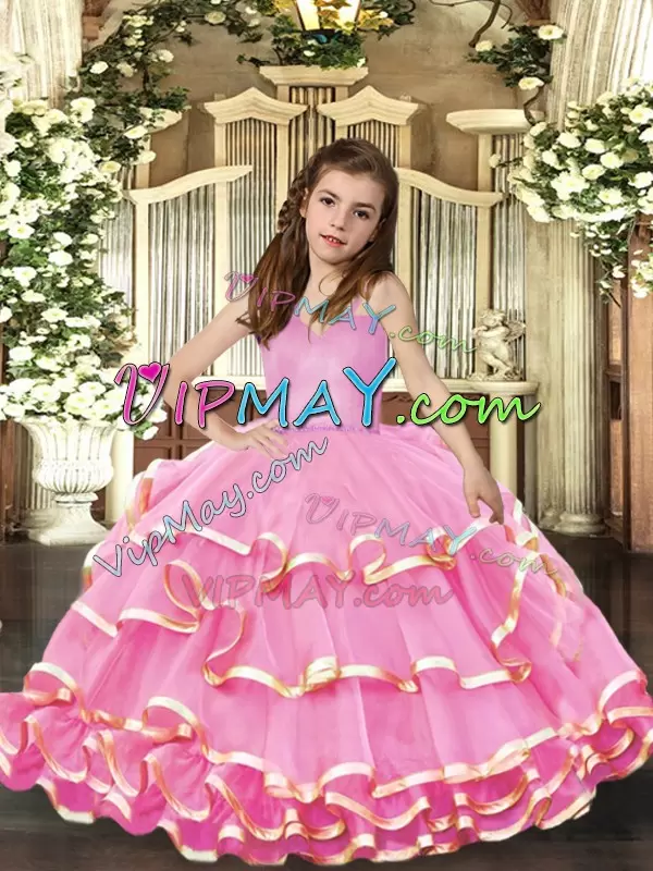 Adorable Floor Length Lace Up Little Girl Pageant Gowns Pink for Party and Sweet 16 and Wedding Party with Beading and Ruffled Layers