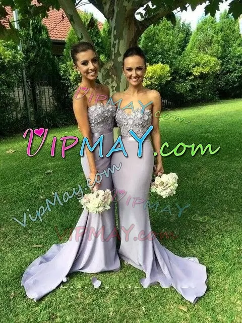 Sleeveless With Train Beading and Appliques and Ruching Lace Up Bridesmaid Dress with Silver Brush Train