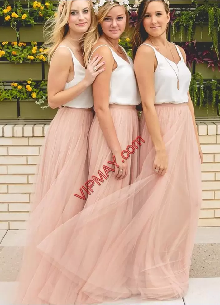 Floor Length Zipper Bridesmaid Dresses Pink and Pink And White for Party and Wedding Party with Ruching