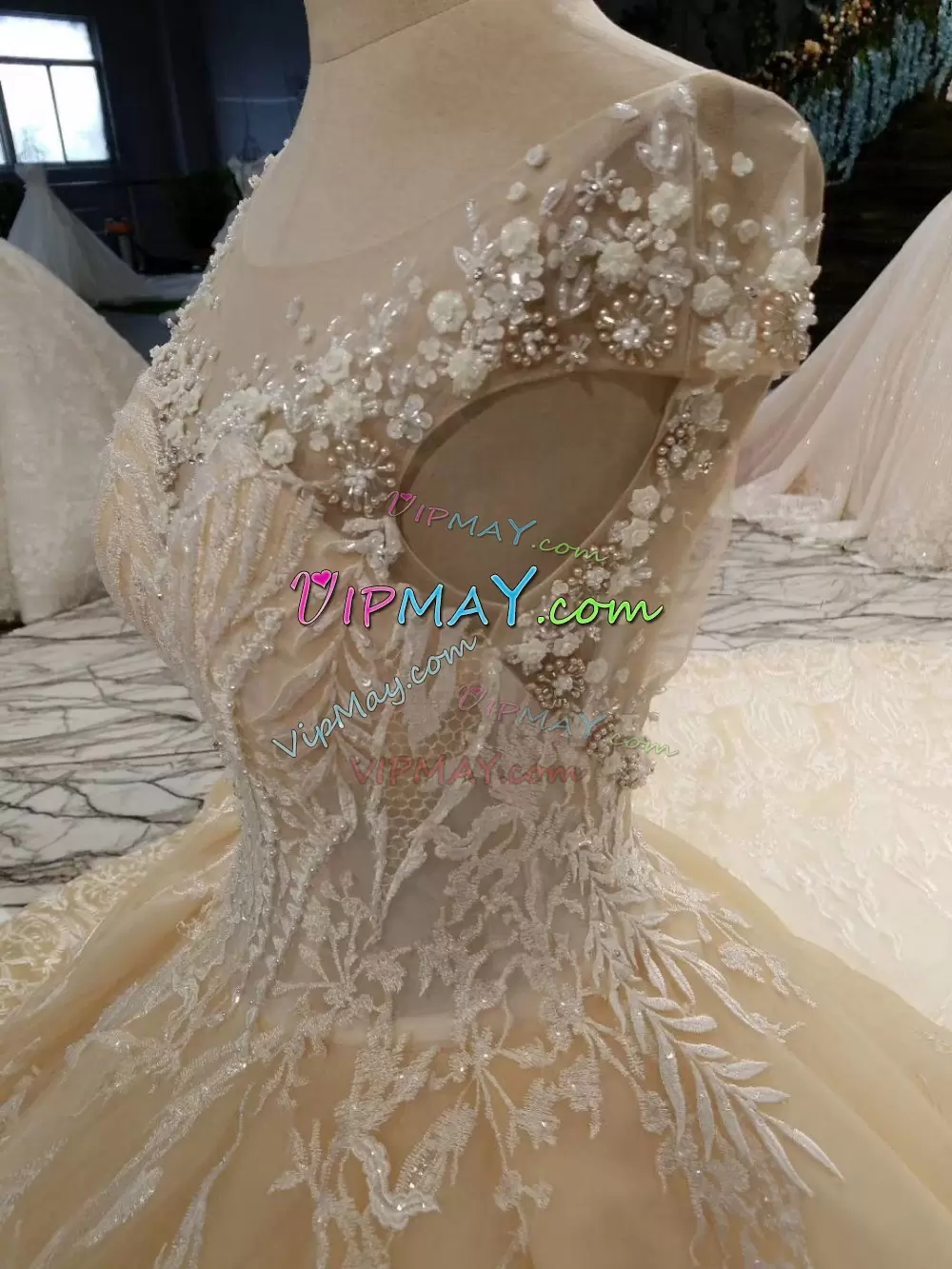Dazzling Ball Gowns Cap Sleeves Champagne Wedding Gowns Cathedral Train Backless