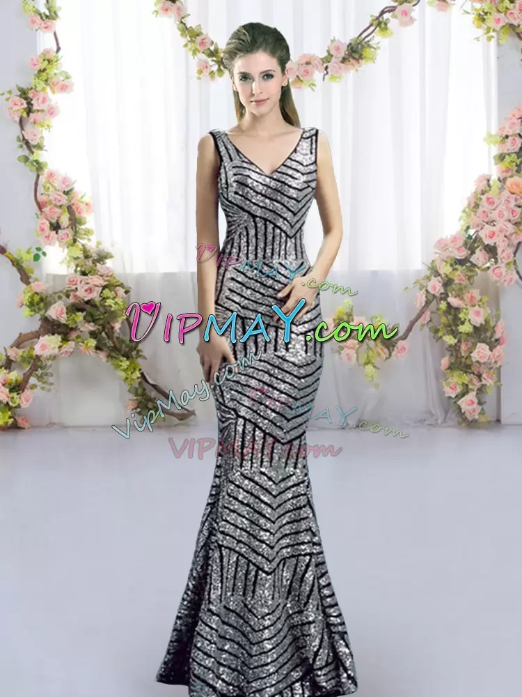 Sweet Silver Side Zipper Bridesmaid Gown Sequins Sleeveless Floor Length