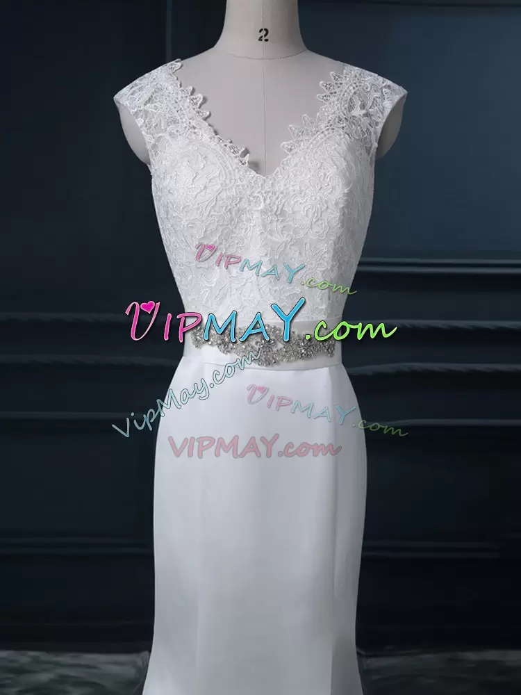 Modern White Backless Wedding Gown Beading and Lace Sleeveless Brush Train