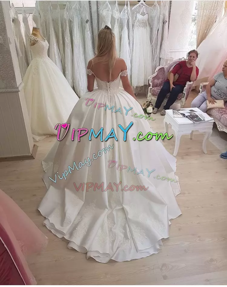 ball gown wedding dress with train,lace wedding dress with low back,wedding dress with low cut back,off the shoulder wedding dress,off the shoulder ivory wedding dress,beautiful satin wedding dress,