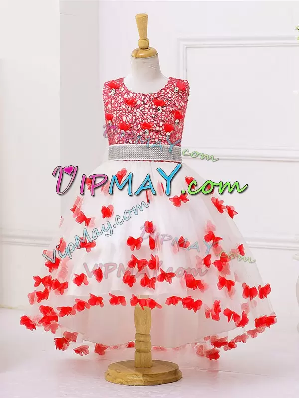 Elegant Scoop Sleeveless Zipper Little Girls Pageant Dress White And Red Tulle Appliques and Sequins