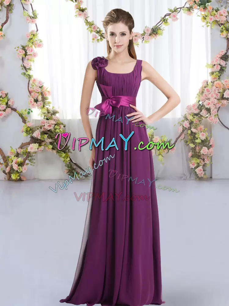 Dynamic Sleeveless Floor Length Belt and Hand Made Flower Zipper Wedding Party Dress with Dark Purple