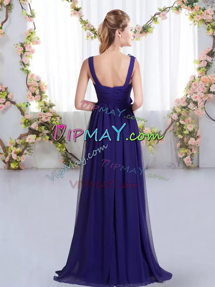 Dynamic Sleeveless Floor Length Belt and Hand Made Flower Zipper Wedding Party Dress with Dark Purple