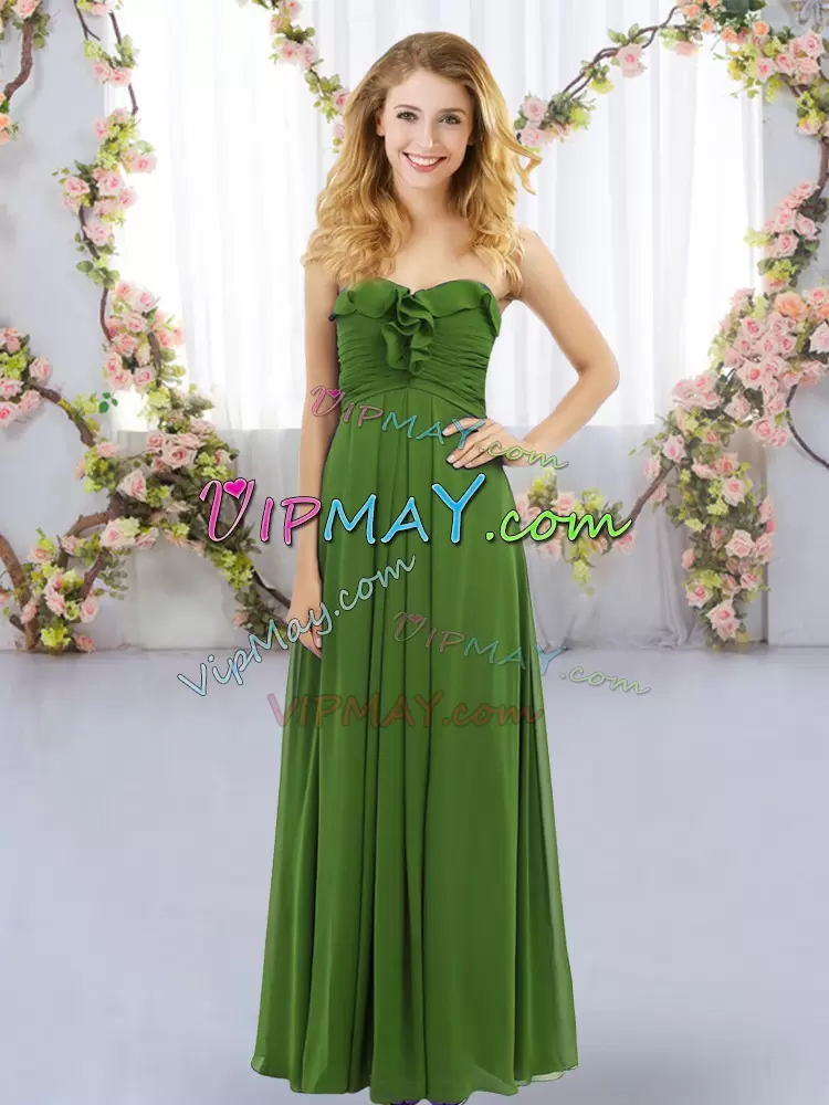 Glorious Olive Green Empire Chiffon Sweetheart Sleeveless Ruffles Floor Length Lace Up Wedding Guest Dresses