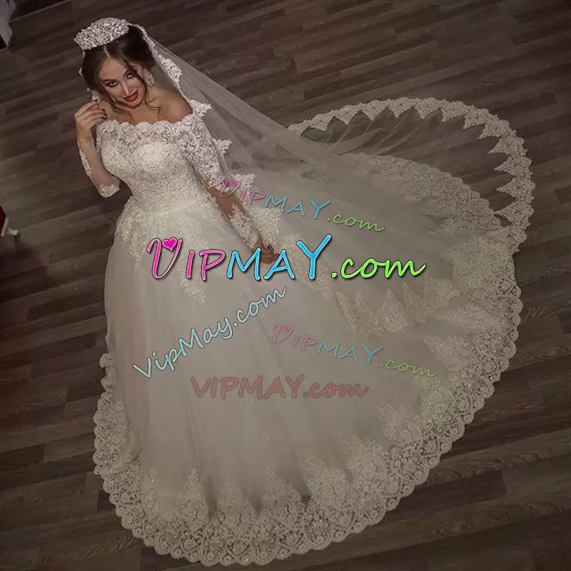 With Train White Wedding Dress Brush Train Long Sleeves Lace and Appliques