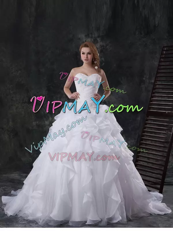 Traditional Brush Train Ball Gowns Wedding Dress White Sweetheart Organza Sleeveless With Train Lace Up