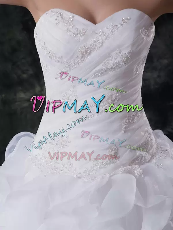 Traditional Brush Train Ball Gowns Wedding Dress White Sweetheart Organza Sleeveless With Train Lace Up