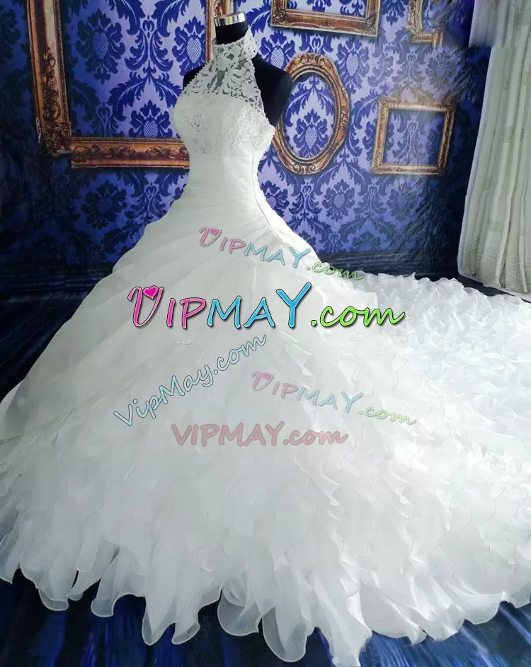 Halter Top Sleeveless Wedding Dress Cathedral Train Beading and Ruffles White Organza