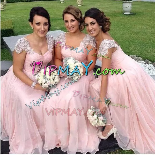 Custom Designed Sweetheart Sleeveless Bridesmaid Dresses Floor Length Beading and Ruching Pink Chiffon