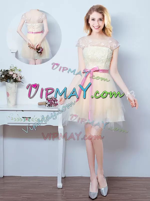 Champagne A-line Lace and Appliques and Ruffles and Bowknot Vestidos de Damas Lace Up Tulle Sleeveless Mini Length