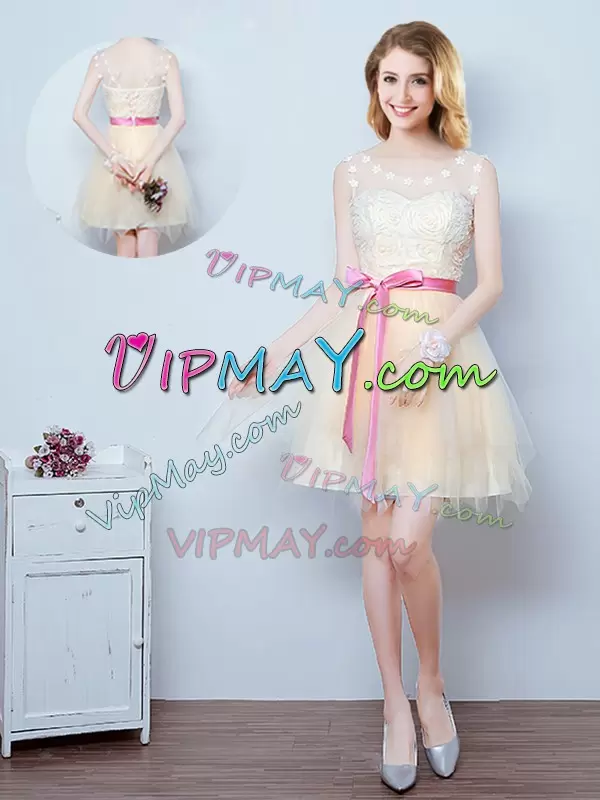 Champagne A-line Lace and Appliques and Ruffles and Bowknot Vestidos de Damas Lace Up Tulle Sleeveless Mini Length