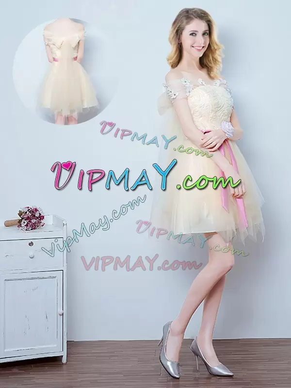 Champagne A-line Lace and Appliques and Ruffles and Bowknot Vestidos de Damas Lace Up Tulle Sleeveless Mini Length