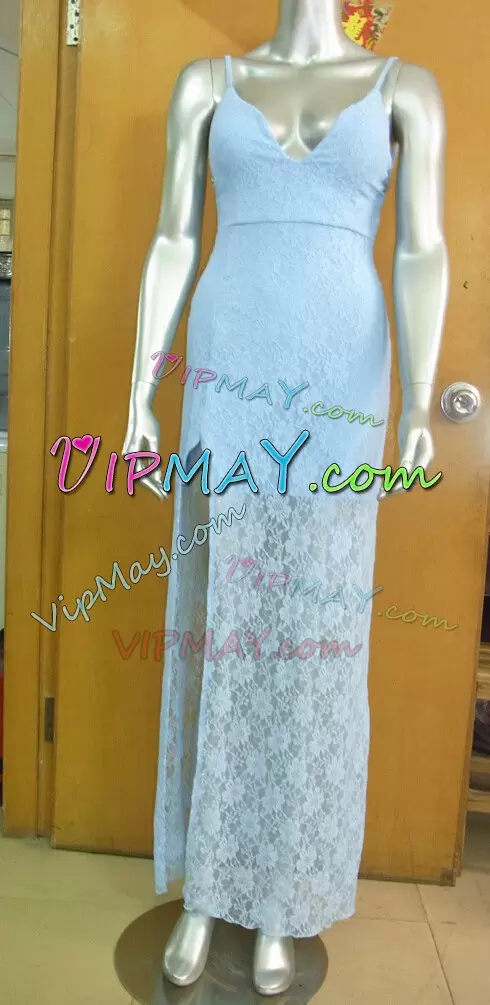 New Arrival Floor Length Column/Sheath Sleeveless Baby Blue Bridesmaid Gown Backless