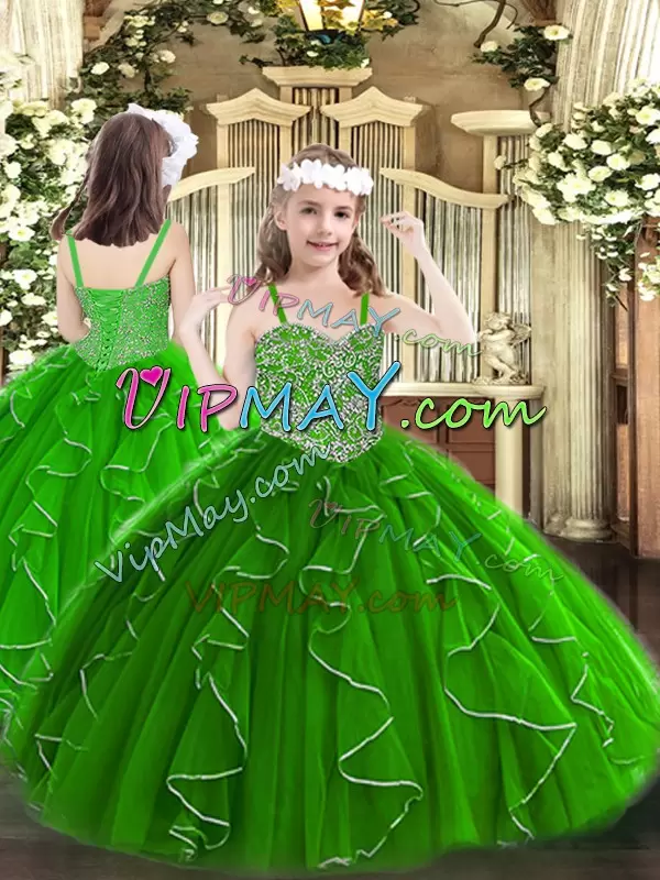 Excellent Green Organza Lace Up Straps Sleeveless Floor Length Kids Pageant Dress Beading and Ruffles