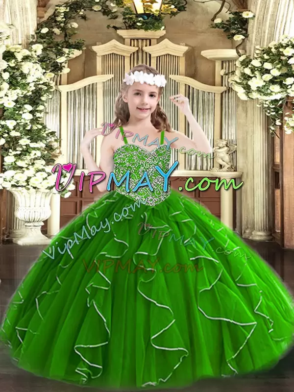 Excellent Green Organza Lace Up Straps Sleeveless Floor Length Kids Pageant Dress Beading and Ruffles