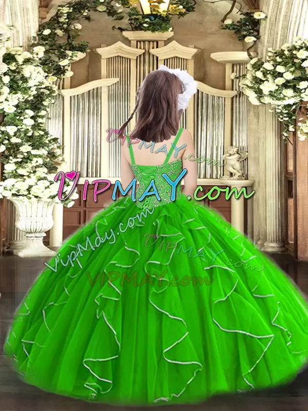 Excellent Green Organza Lace Up Straps Sleeveless Floor Length Kids Pageant Dress Beading and Ruffles