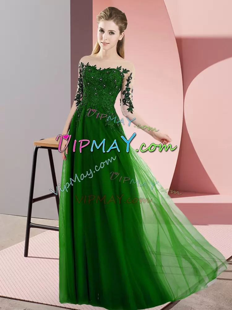 Sophisticated Bateau Half Sleeves Bridesmaid Dress Floor Length Beading and Lace Green Chiffon