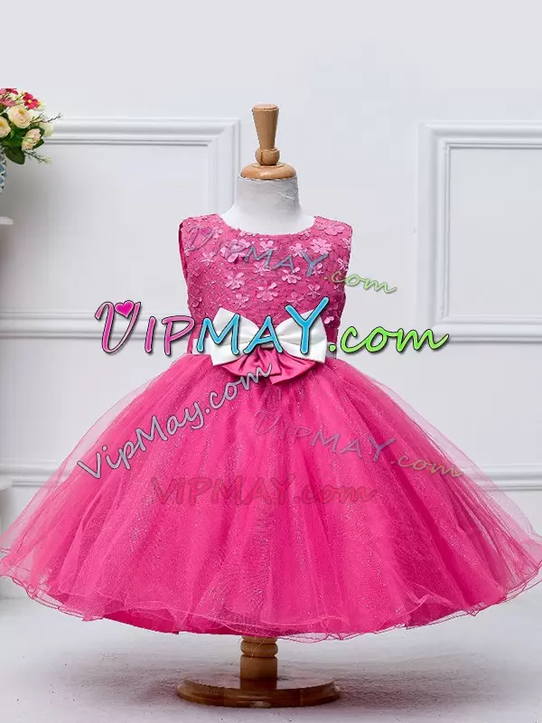 High Quality Hot Pink Zipper Flower Girl Dresses for Less Lace and Bowknot Sleeveless Knee Length