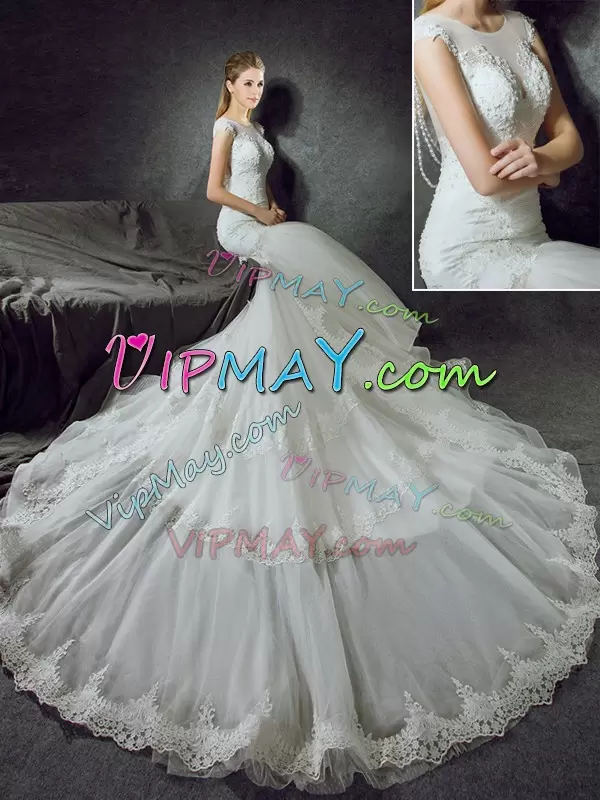 White Side Zipper Scoop Lace Wedding Dresses Tulle Sleeveless Court Train