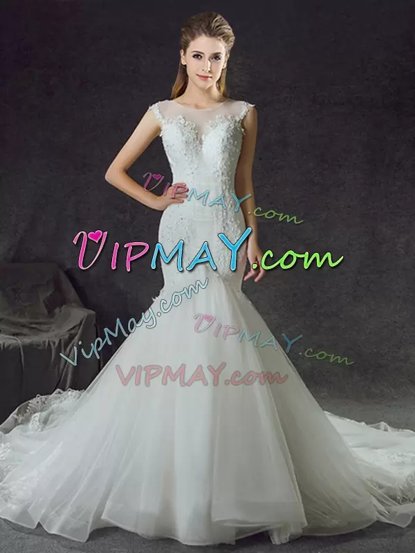 White Side Zipper Scoop Lace Wedding Dresses Tulle Sleeveless Court Train