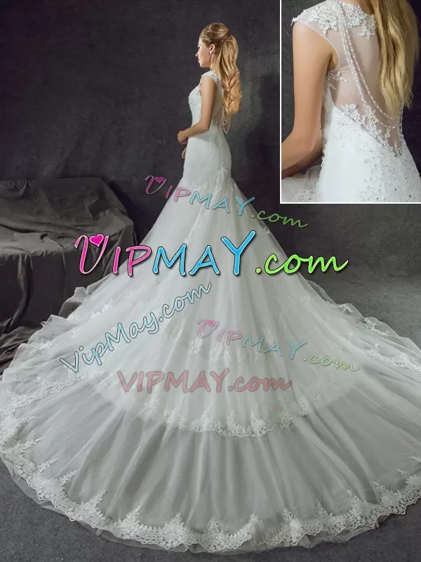 White Side Zipper Scoop Lace Wedding Dresses Tulle Sleeveless Court Train