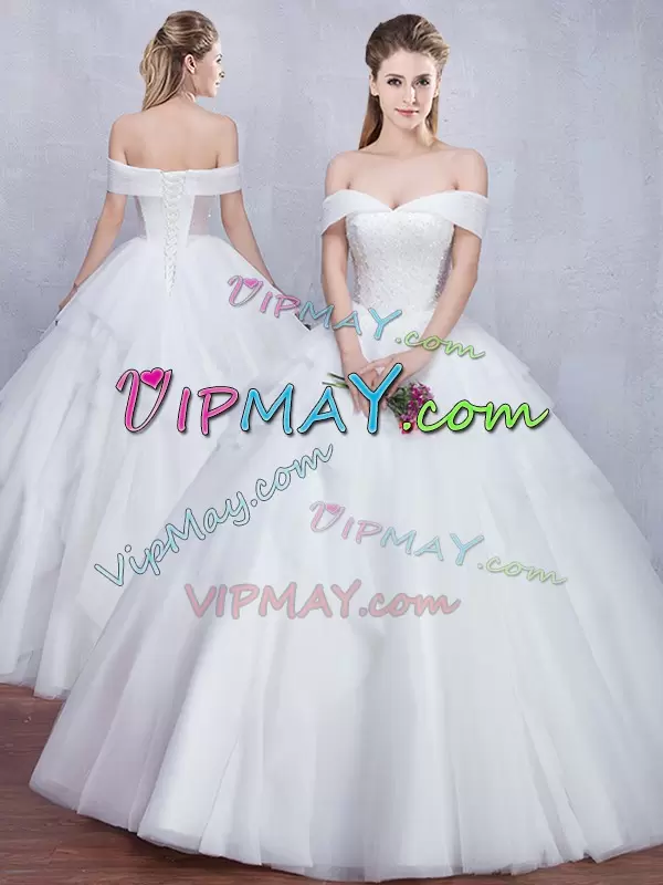 Affordable White Sleeveless Beading and Ruffles Floor Length Wedding Gown