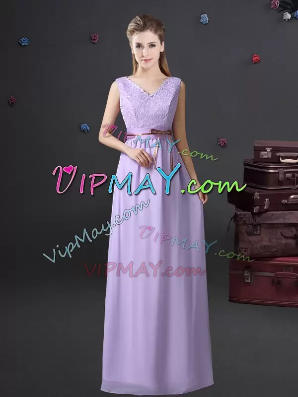 Popular Lavender Empire Lace and Belt Bridesmaid Dresses Lace Up Chiffon Sleeveless Floor Length