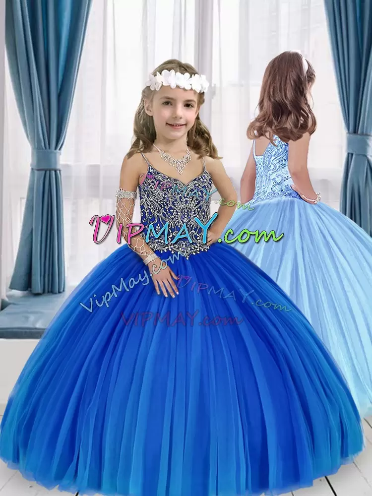 Classical Royal Blue Kids Pageant Dress Party and Sweet 16 and Quinceanera and Wedding Party with Beading Straps Sleeveless Lace Up
