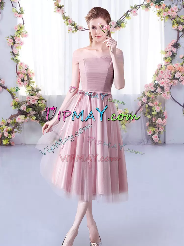 Sleeveless Tulle Tea Length Lace Up Quinceanera Court of Honor Dress in Pink with Belt