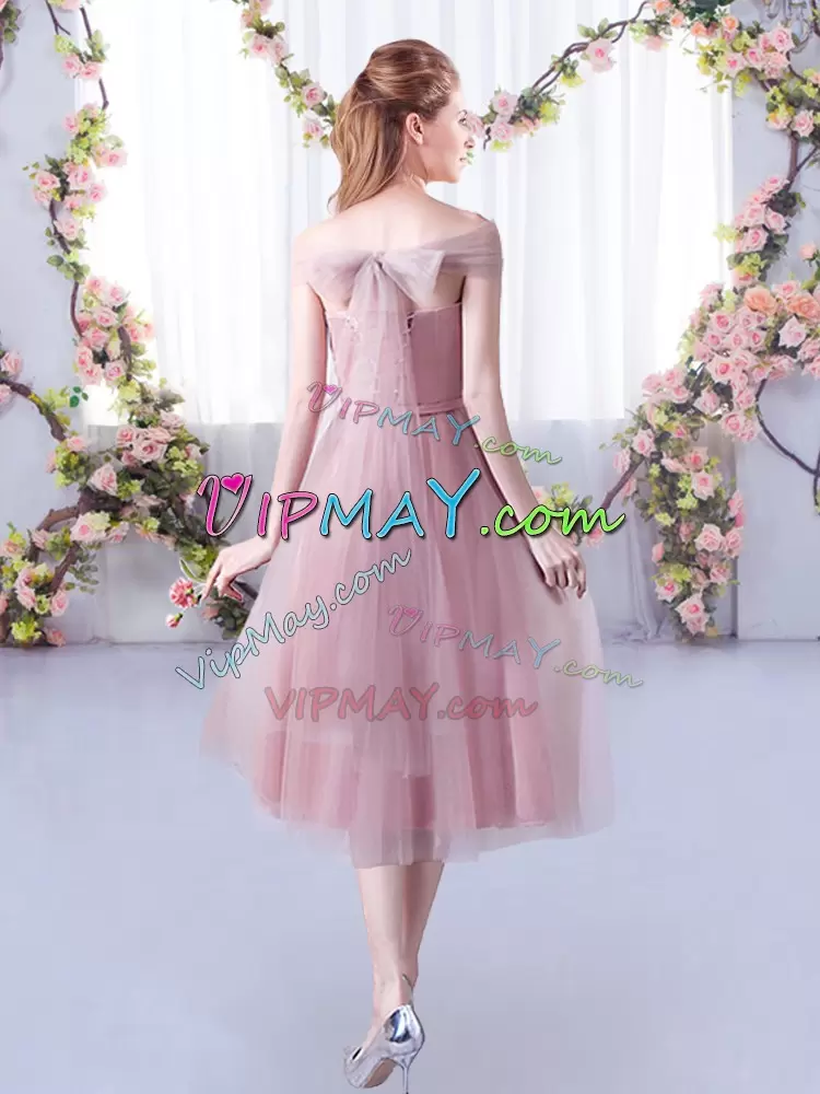 Sleeveless Tulle Tea Length Lace Up Quinceanera Court of Honor Dress in Pink with Belt