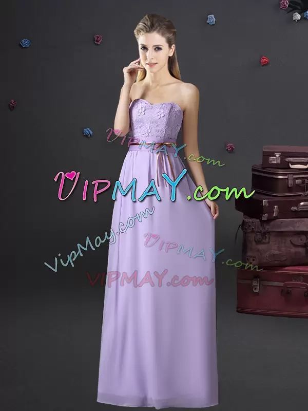 New Style Lavender Chiffon Lace Up Wedding Party Dress Sleeveless Floor Length Lace and Appliques and Belt