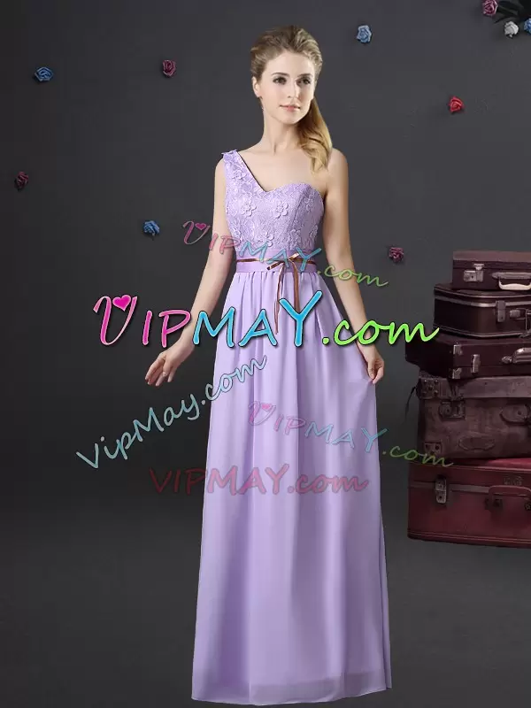 New Style Lavender Chiffon Lace Up Wedding Party Dress Sleeveless Floor Length Lace and Appliques and Belt