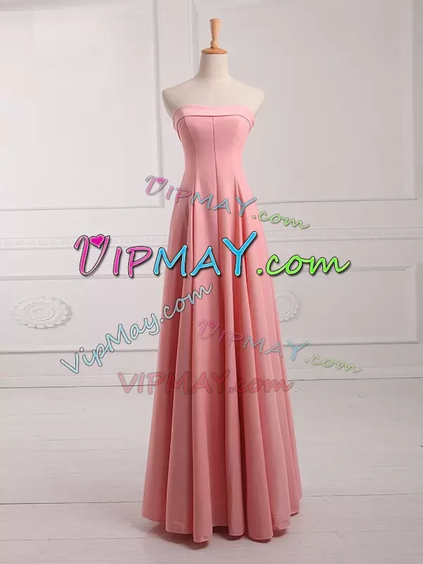 On Sale Watermelon Red Sleeveless Floor Length Ruching Lace Up Wedding Guest Dresses Strapless