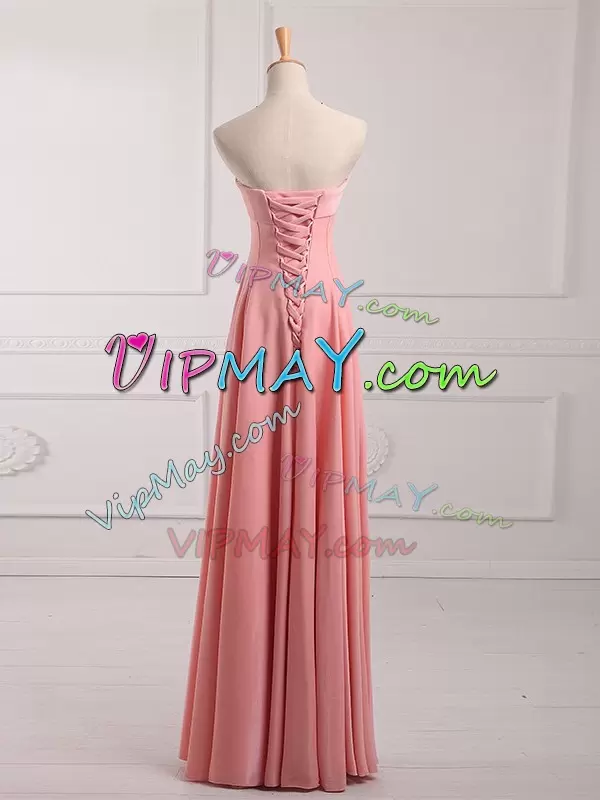 On Sale Watermelon Red Sleeveless Floor Length Ruching Lace Up Wedding Guest Dresses Strapless