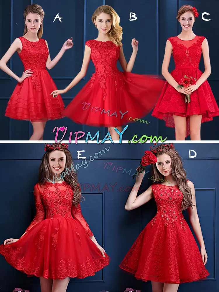 Enchanting Red Tulle and Lace Lace Up Bridesmaids Dress Sleeveless Mini Length Lace and Appliques