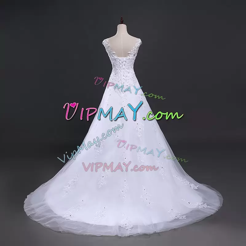 Classical Scoop Sleeveless Wedding Dress With Train Court Train Lace and Appliques White Tulle