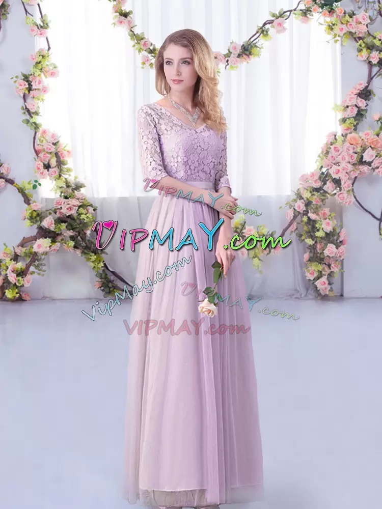 Most Popular Lavender Bridesmaid Dresses Wedding Party with Lace and Belt V-neck Half Sleeves Side Zipper