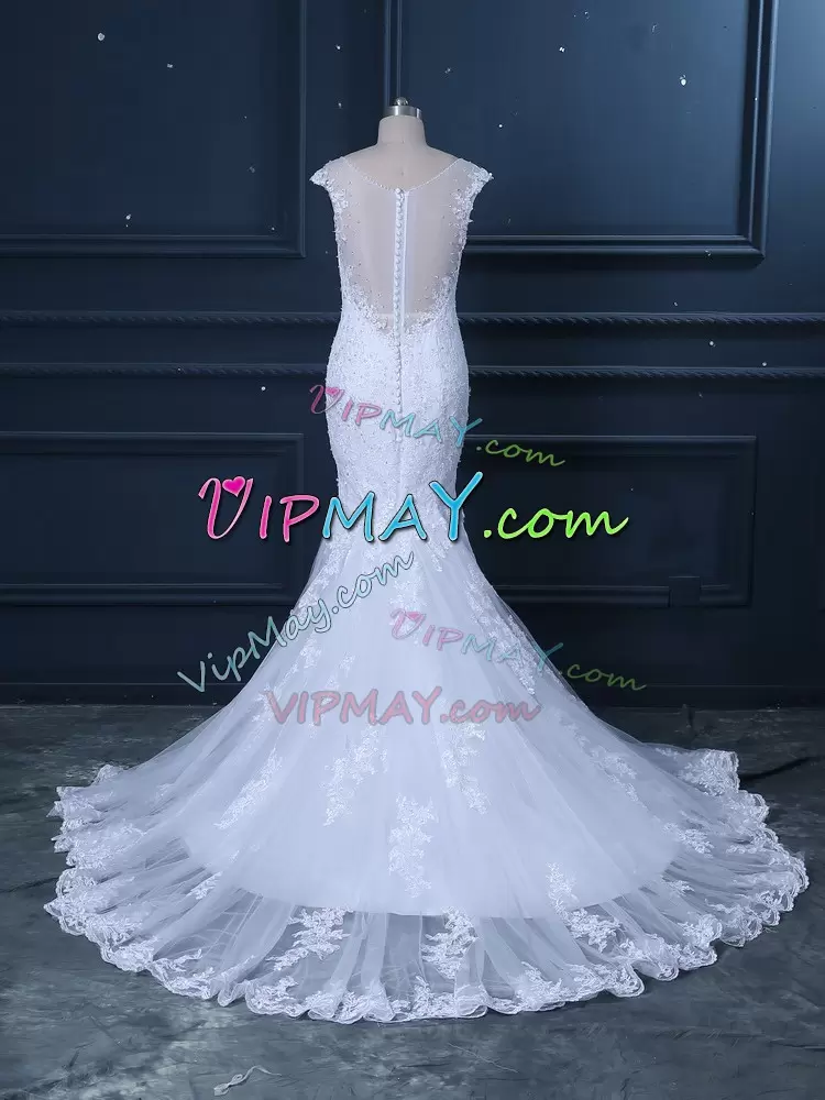 White V-neck Clasp Handle Beading and Lace Wedding Gown Brush Train Sleeveless