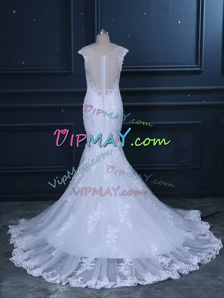 White V-neck Clasp Handle Beading and Lace Wedding Gown Brush Train Sleeveless