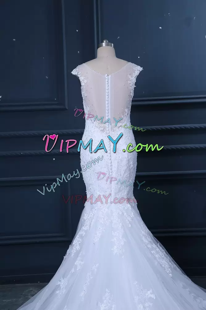 White V-neck Clasp Handle Beading and Lace Wedding Gown Brush Train Sleeveless