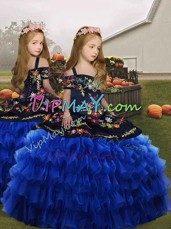 Straps Sleeveless Lace Up Pageant Dress Wholesale Royal Blue Organza Embroidery