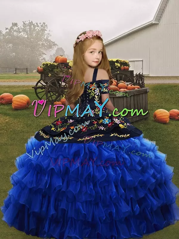 Straps Sleeveless Lace Up Pageant Dress Wholesale Royal Blue Organza Embroidery